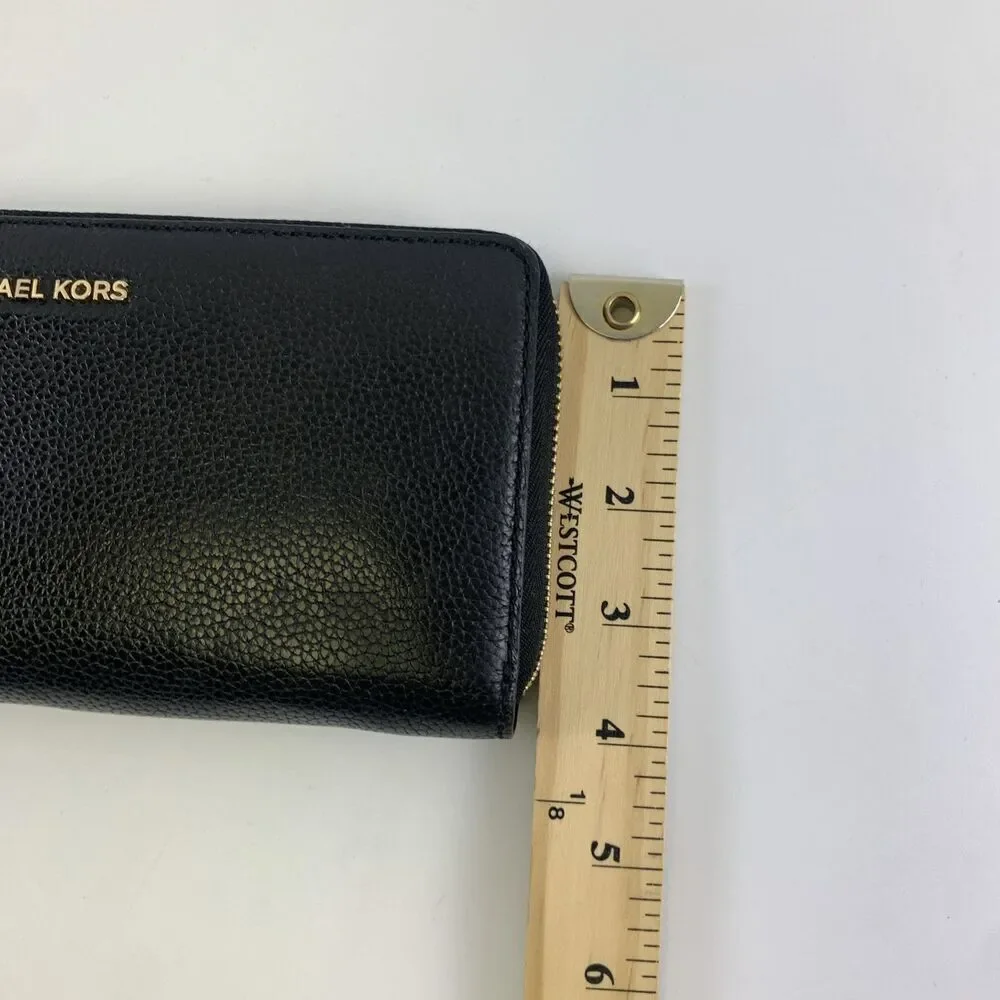 Michael Kors Leather Continental Wristlet Mercer Black Pebbled Wallet Zip Around